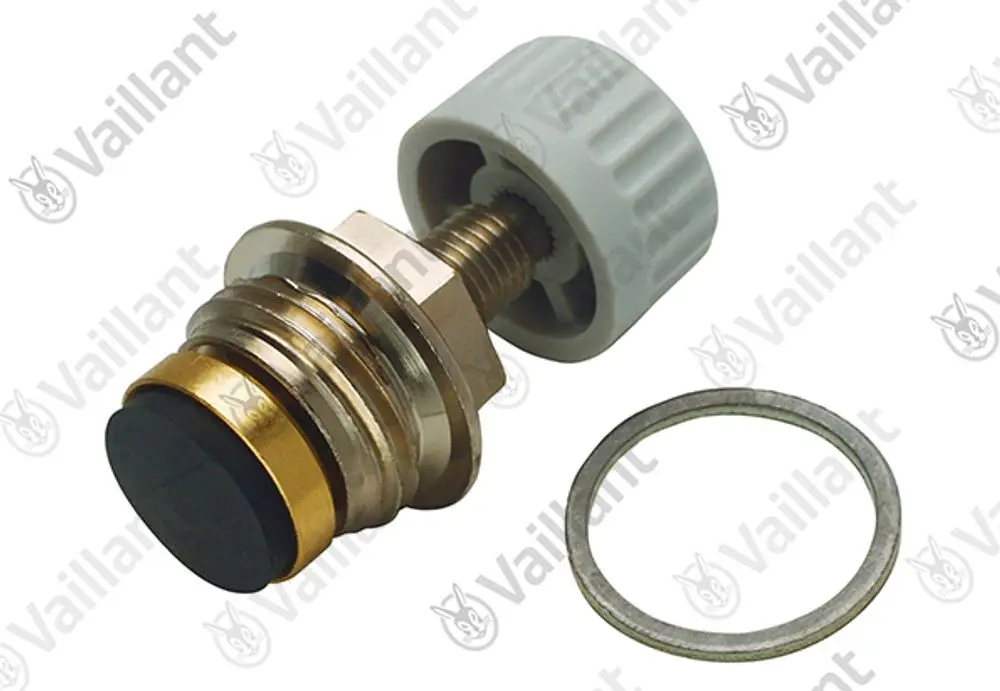 Vaillant Ventiloberteil mit grauem Drehknopf und metallischem Gewinde. Enthalten ist eine Dichtung für den Anschluss.